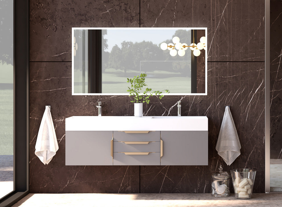 CastelloUSA Amazon 60" Wall Mounted Bathroom Vanity Set, Gray, White Top, Gold Handles