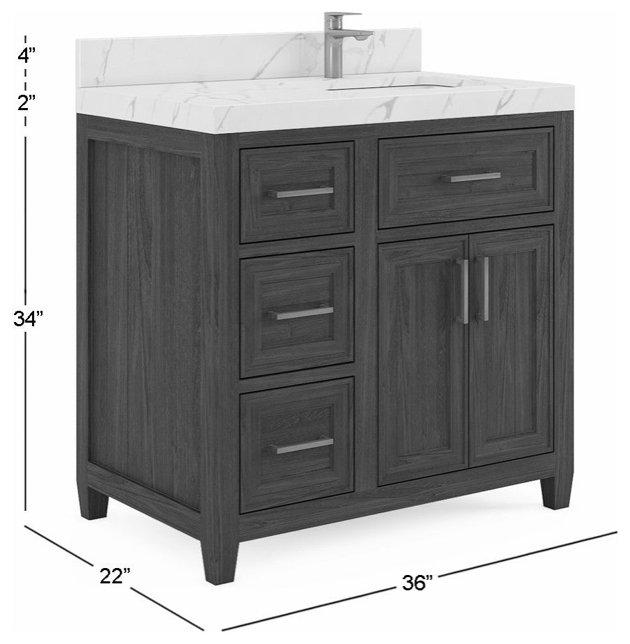 Santa Monica 36 Right Offset  Bath Vanity in Whitewashed Teak 2" Calacatta Nuvo