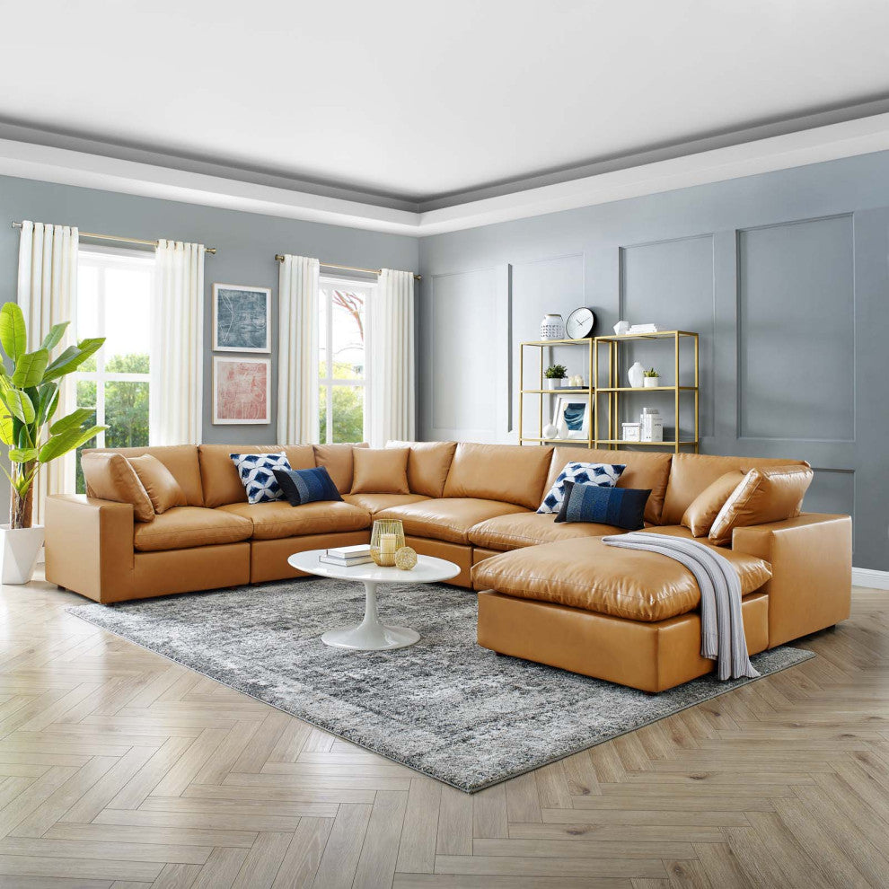 Commix Down Filled Overstuffed Vegan Leather 7-Piece Sectional Sofa - Tan