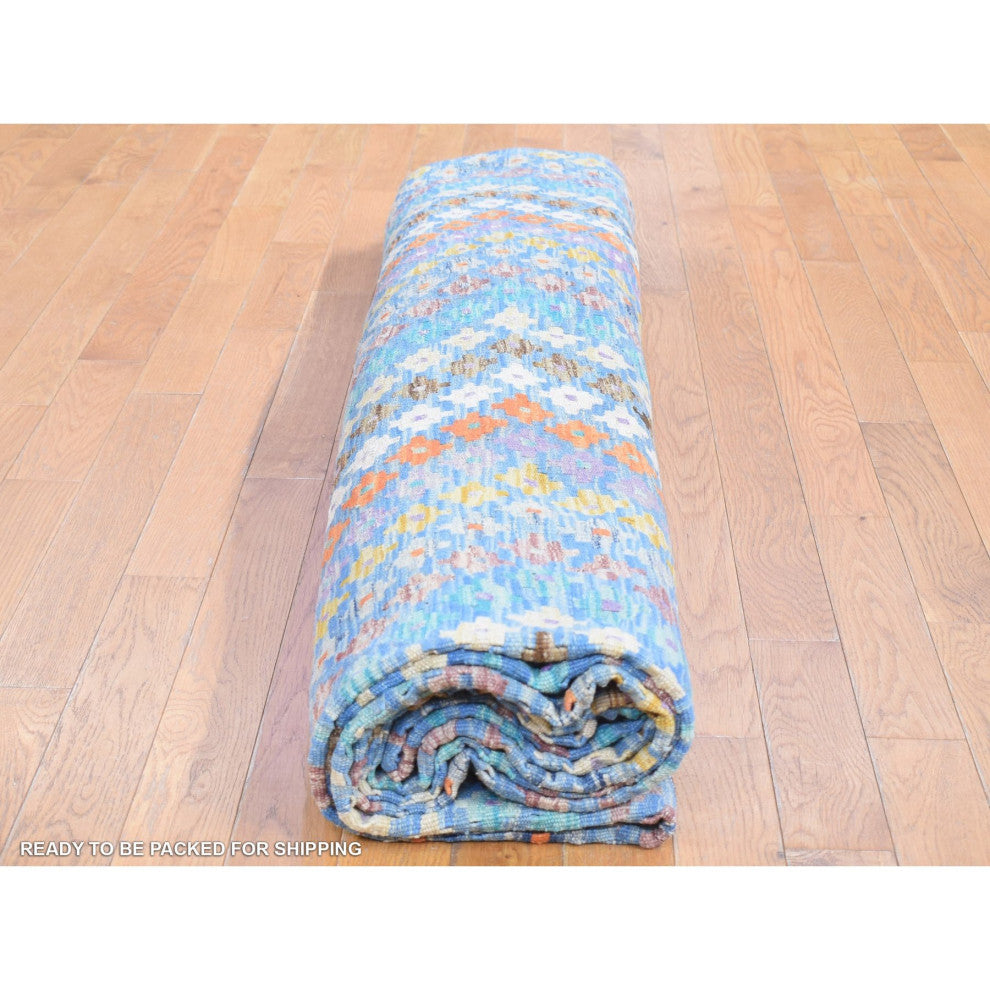 Light Blue Afghan Kilim with Geometric Design Hand Knotted Wool Rug 10'3"x13'3"