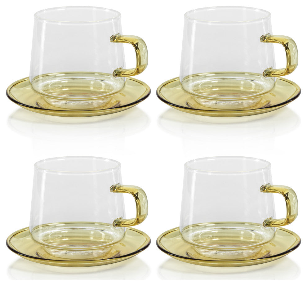 Bergamo Glass Tea and Coffee Cups and Saucers, Set of 4, Yellow