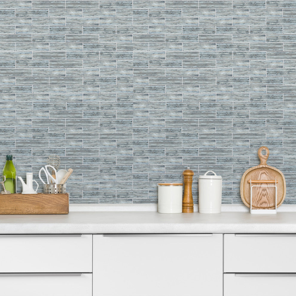Sonnagh 3"x12" Laminated Glass Mosaic Wall Tile, Wood Grain, Box of 40