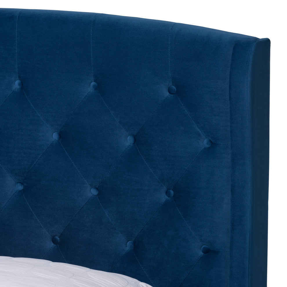 Neda Modern Upholstered Platform Bed, Navy Blue/Dark Brown, Queen