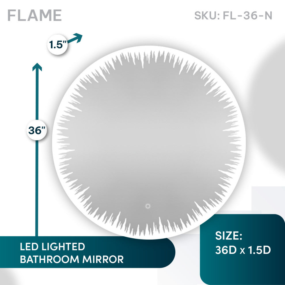 36" Flame, LED Lighted Round Mirror With Dimmer, Defogger, Touch Control.
