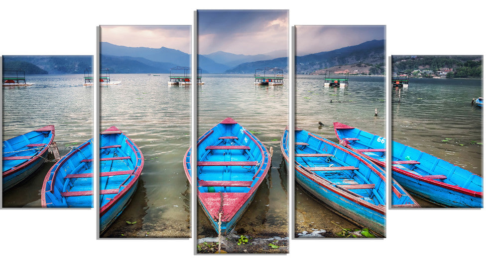Row of Blue Boats in Pokhara Lake, Boat Canvas Art Print, 60"x32", 5 Panels