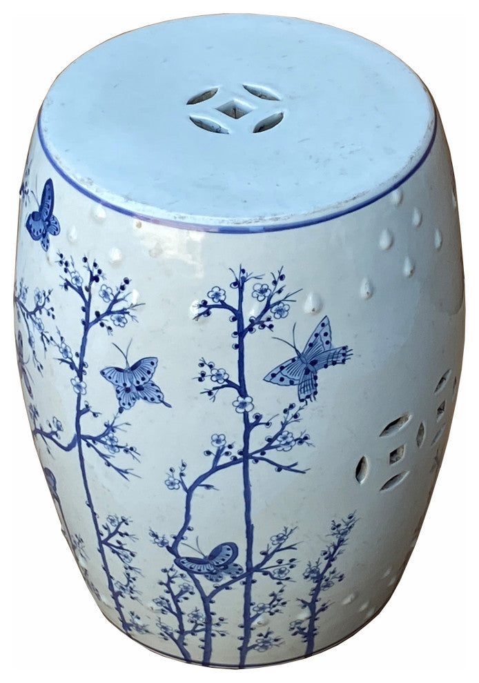 Chinese Blue & White Porcelain Round Flower Butterflies Table Stool Hcs7003