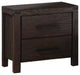 Benzara BM232679 Wooden Nightstand With Metal Bar Handles/2 Drawers, Dark Brown
