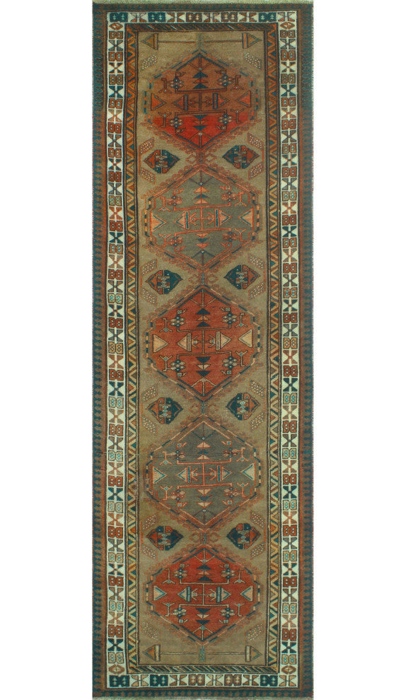 Fine Vintage Distressed Goudarz Light Brown/Ivory Runner, 3'4x11'1