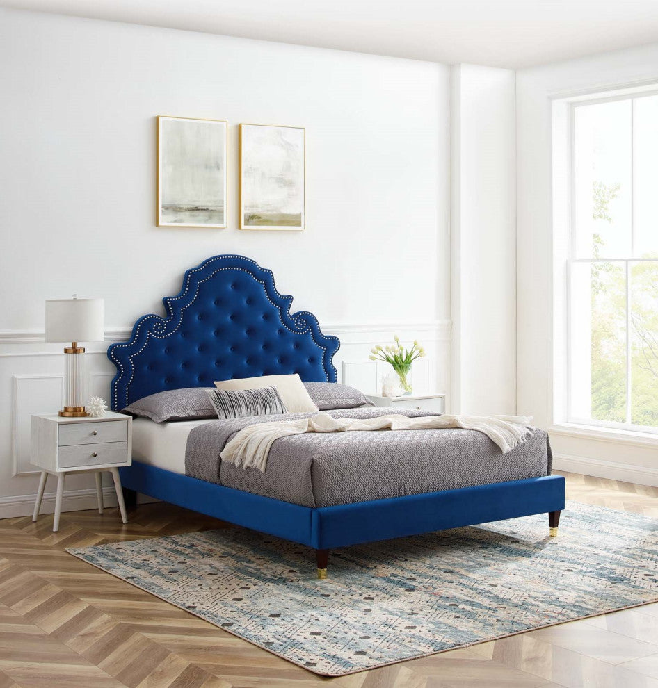 Tufted Platform Bed Frame, Twin Size, Velvet, Blue Navy, Modern Contemporary