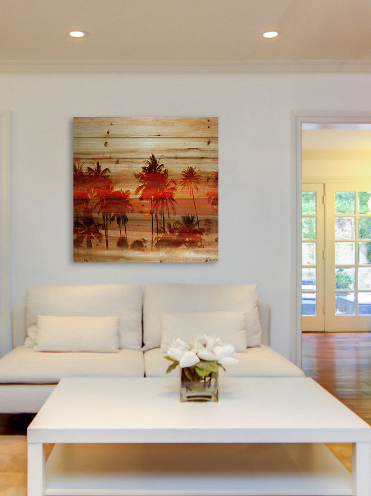 "Crimson Palms" Print on Natural Pine Wood, 32"x32"