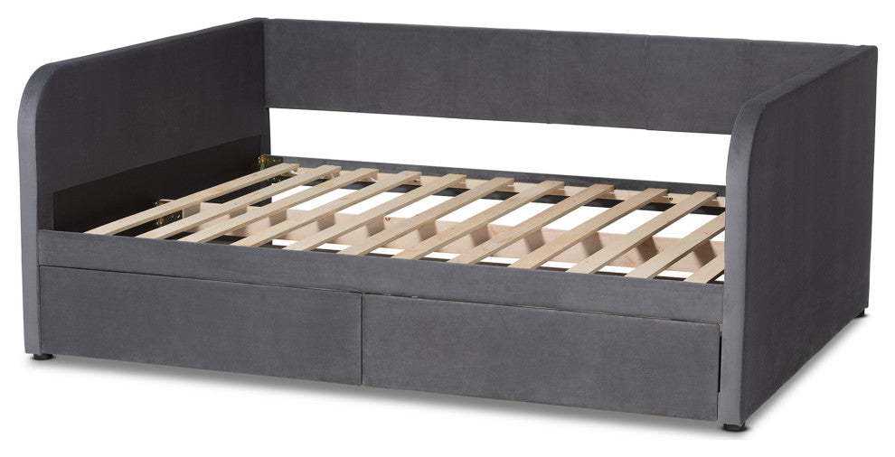Basanti Grey Velvet Fabric Upholstered Full Size 2-Drawer Daybed