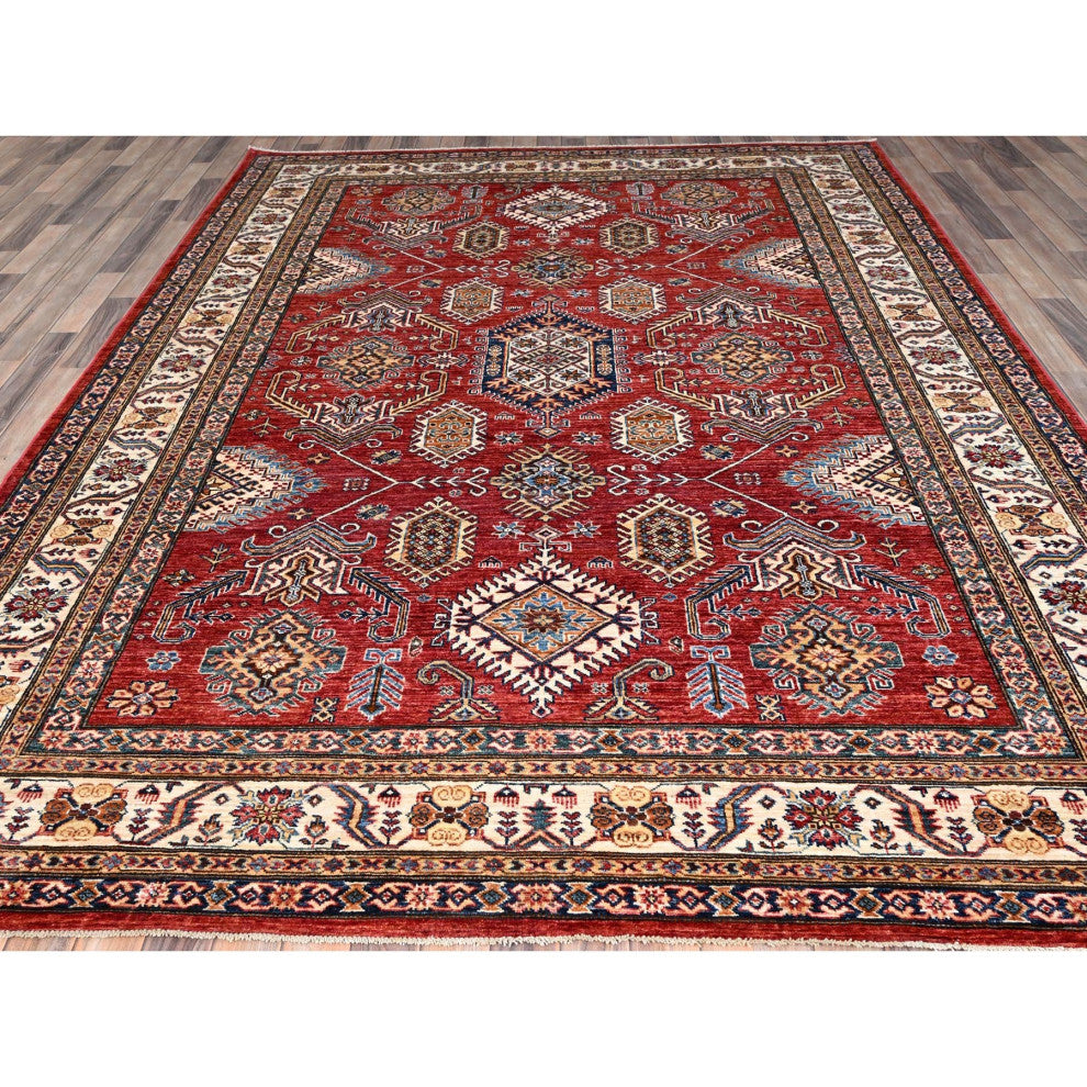 Red, 100% Wool, Afghan Super Kazak, Hand Knotted, Oriental Rug, 8'1"x10'6"