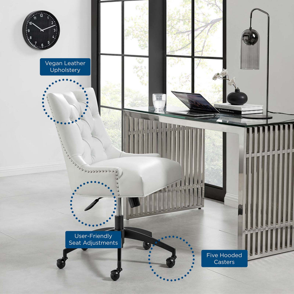 Computer Work Desk Tufted Chair, Faux Vegan Leather, Black White, Home Office