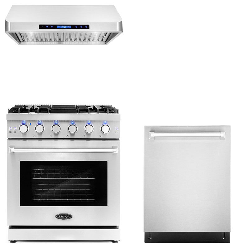 3-Piece, 30" Gas Range, 30" Under Cabinet Range Hood and 24" Dishwasher