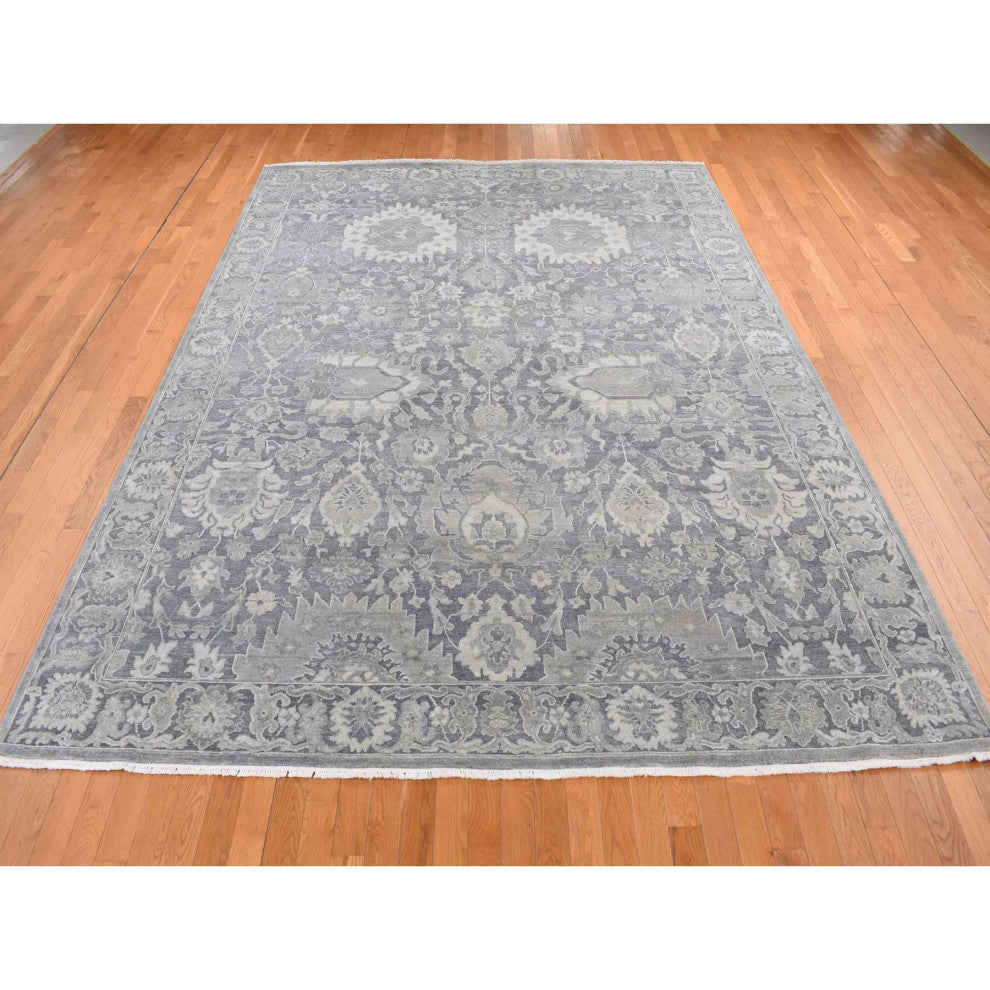 Medium Gray, Hand Knotted, Oushak Influence, Silk With Wool, Rug, 9'x11'10"