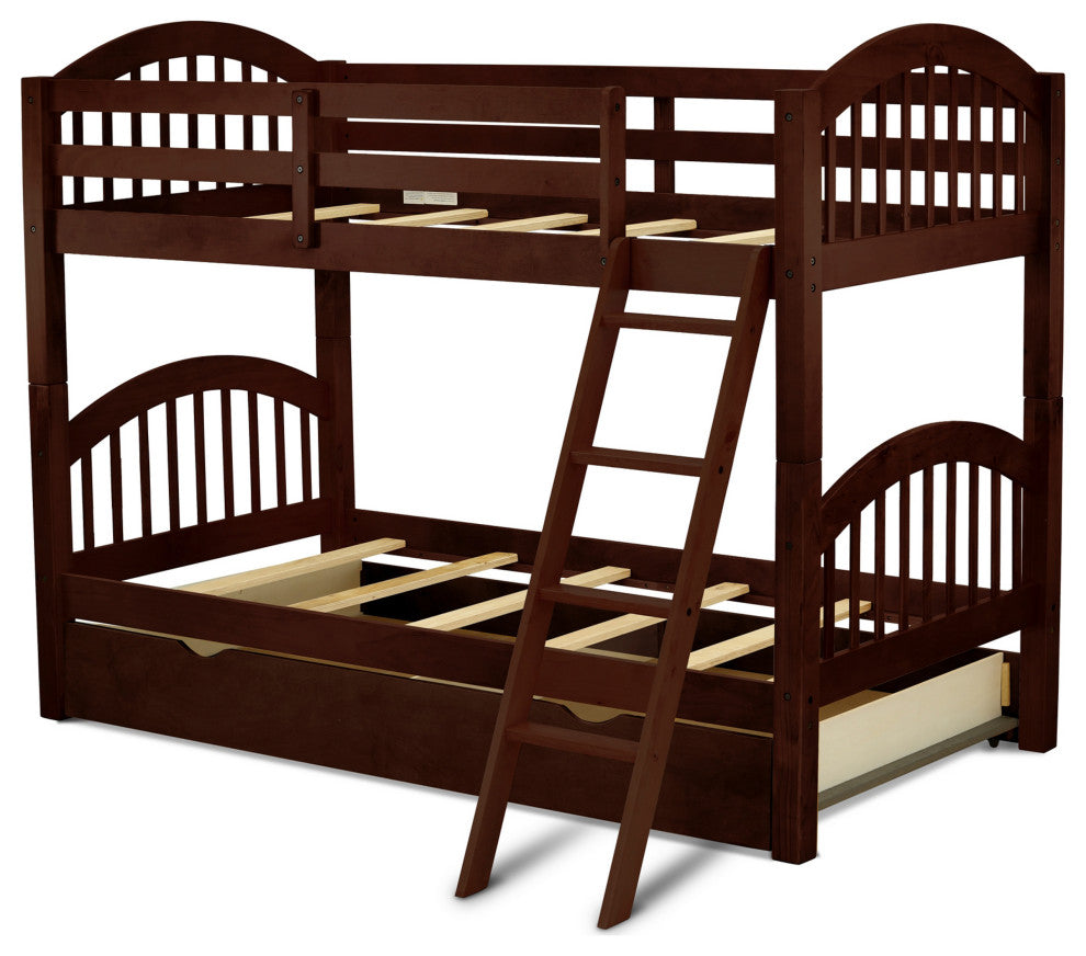 Verona Twin Bunk Bed In Java Finish With Convertible Trundle & Drawer