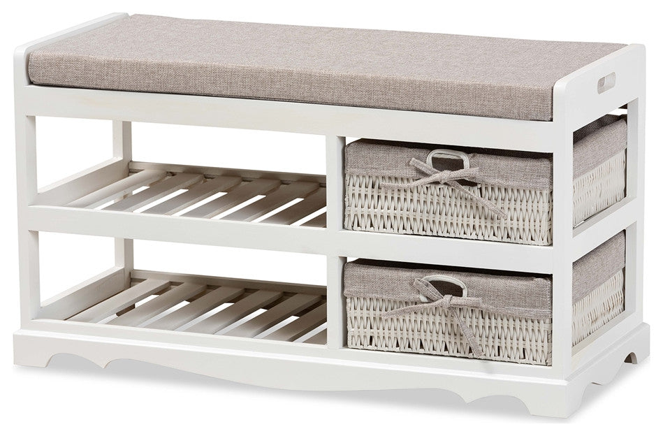 Contemporary Gray Fabric, White Wood Storage Bench With Baskets