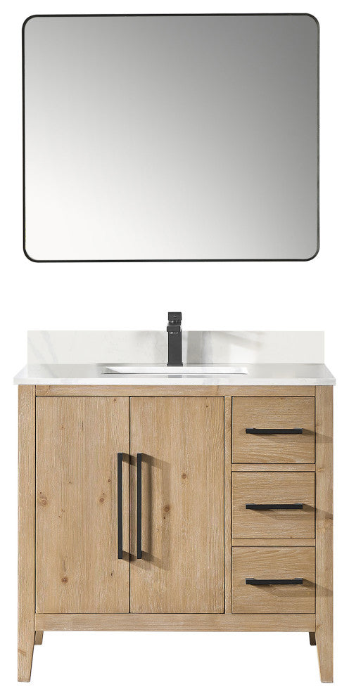 Laurel Bathroom Vanity with Calacatta White Quartz Stone Countertop, Weathered Fir, 36", With Mirror