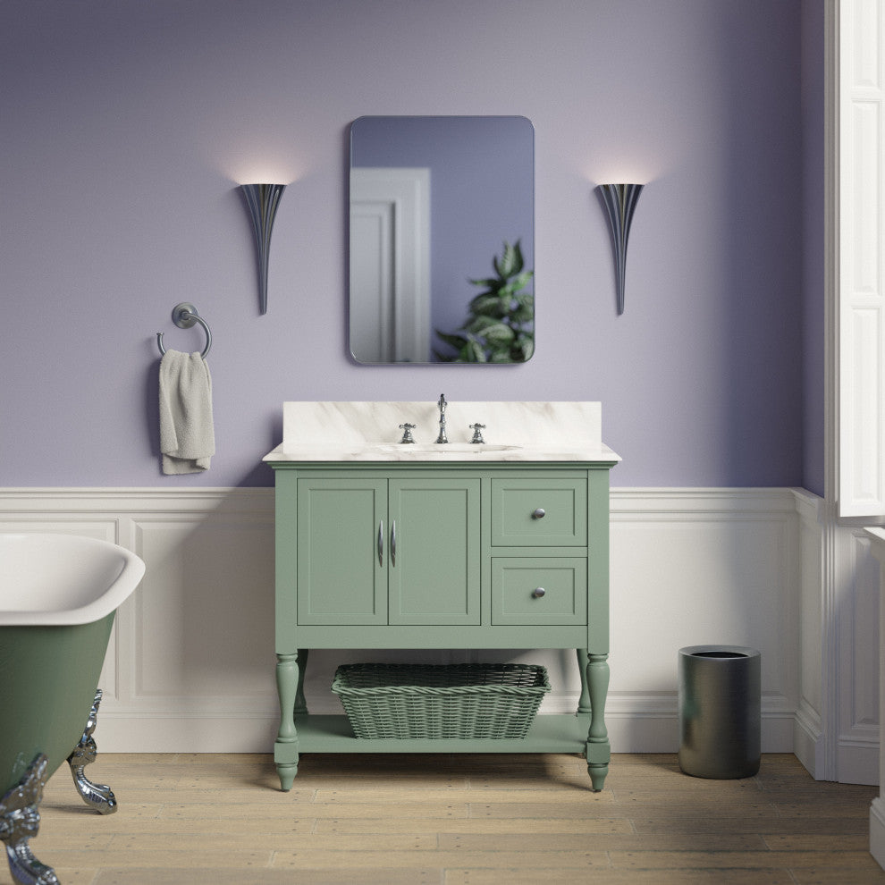 Beverly 36" Bathroom Vanity, Sage Green, Carrara Marble