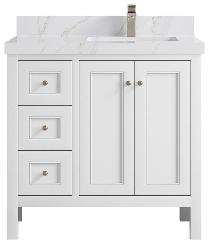 Nashville 36" Right Offset Bath Vanity, White 2" Calacatta Sienna
