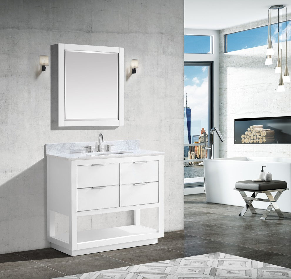 Allie 37" Vanity Combo, White, Brushed Silver / Natural 1" Carrara White Marble Countertop and Backsplash