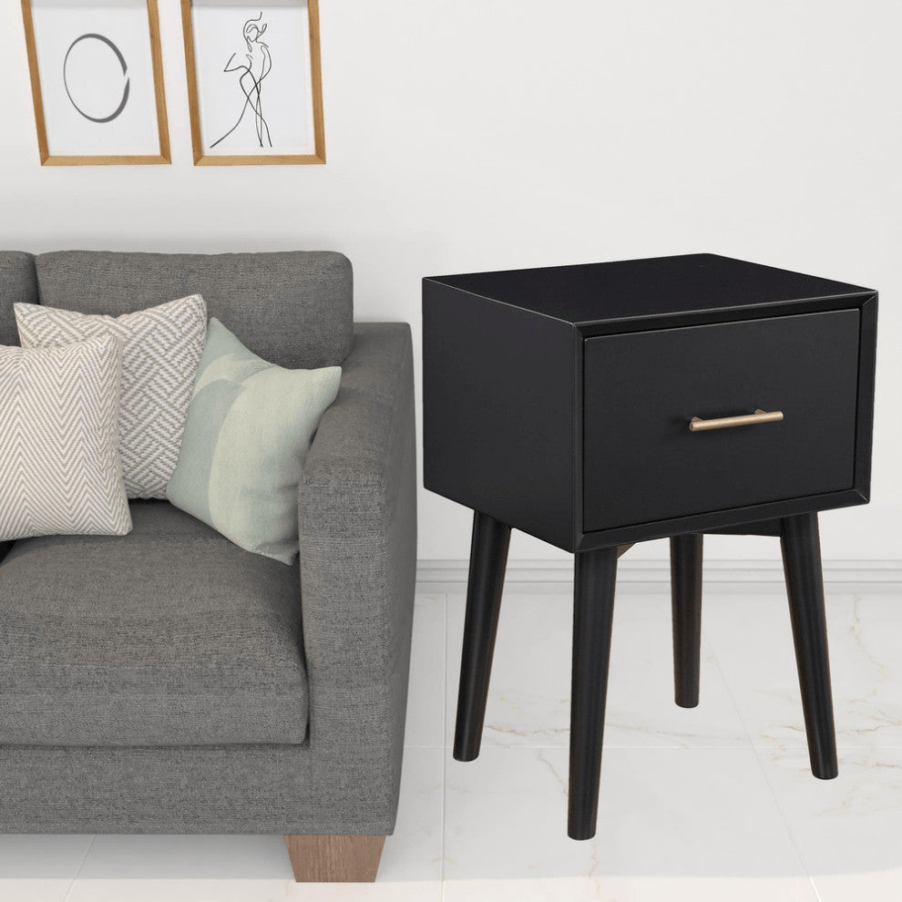 18" Black Mid Century Mod Wood End Table With Drawer