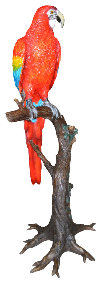 Single Red and Blue Parrot on a tree Bronze Statue -  Size: 30"L x 24"W x 66"H