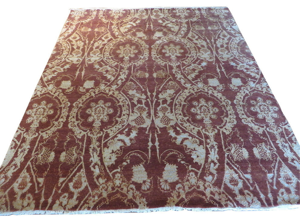 8"x10" Hand-Knotted Brown Wool and Silk Modern Oriental Rug