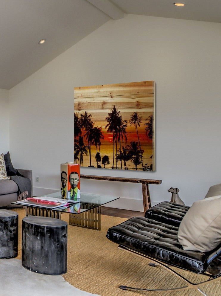 "Sunset Palms" Print on Natural Pine Wood, 24"x24"