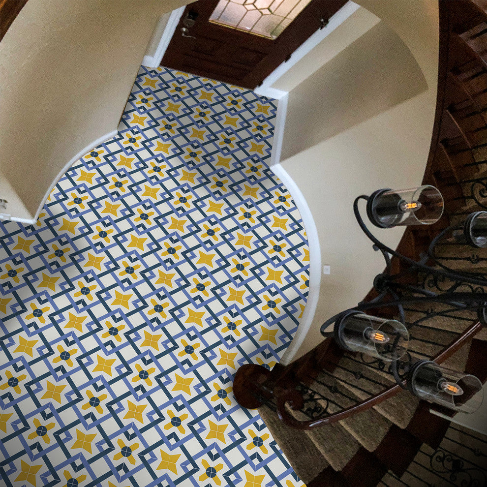 Berkane Handmade Cement Tile, Blue/Purple/Yellow, Sample