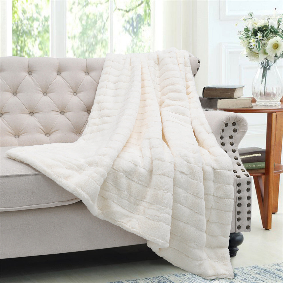 Super Mink Faux Fur Throw Blanket, Ivory, 50"x60"