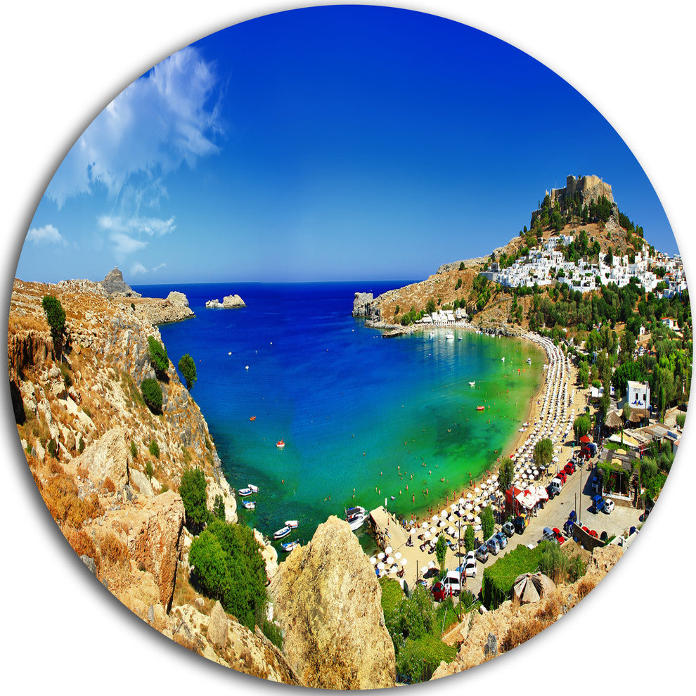 Lindos Bay Greece Panorama, Landscape Photo Disc Metal Wall Art, 11"