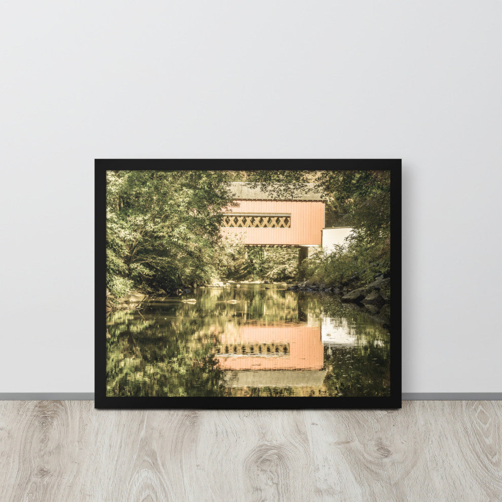 The Reflections of Wooddale Covered Bridge Aged Framed Photo Wall Art Print, Black, 16" X 20"