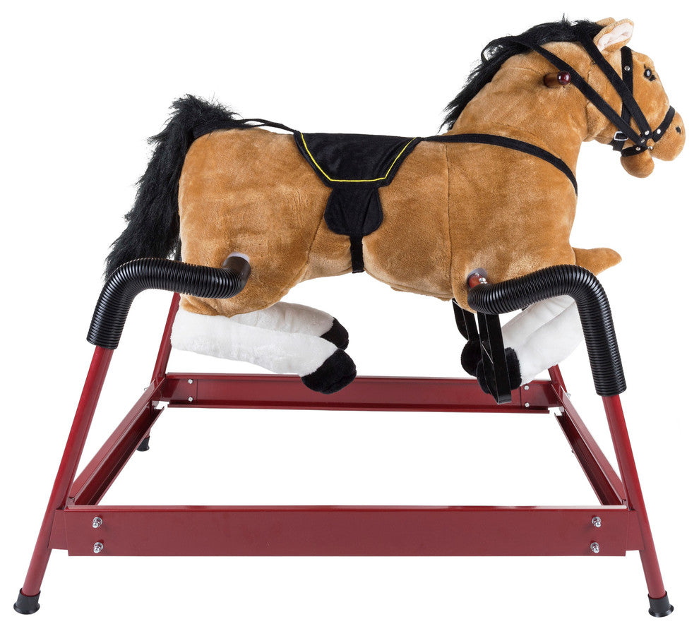 Spring Rocking Horse Plush Ride on Toy with Stirrups and Sounds, Brown