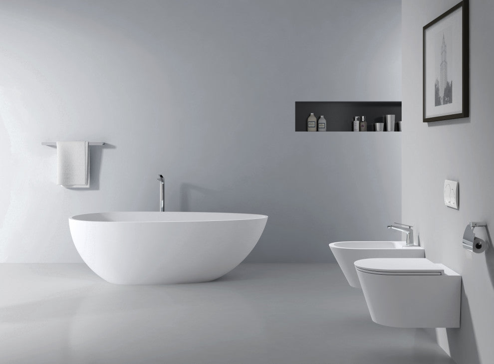 Vanity Art Solid Surface Resin Stone Freestanding Bathtub, Matte White, 59"x30"