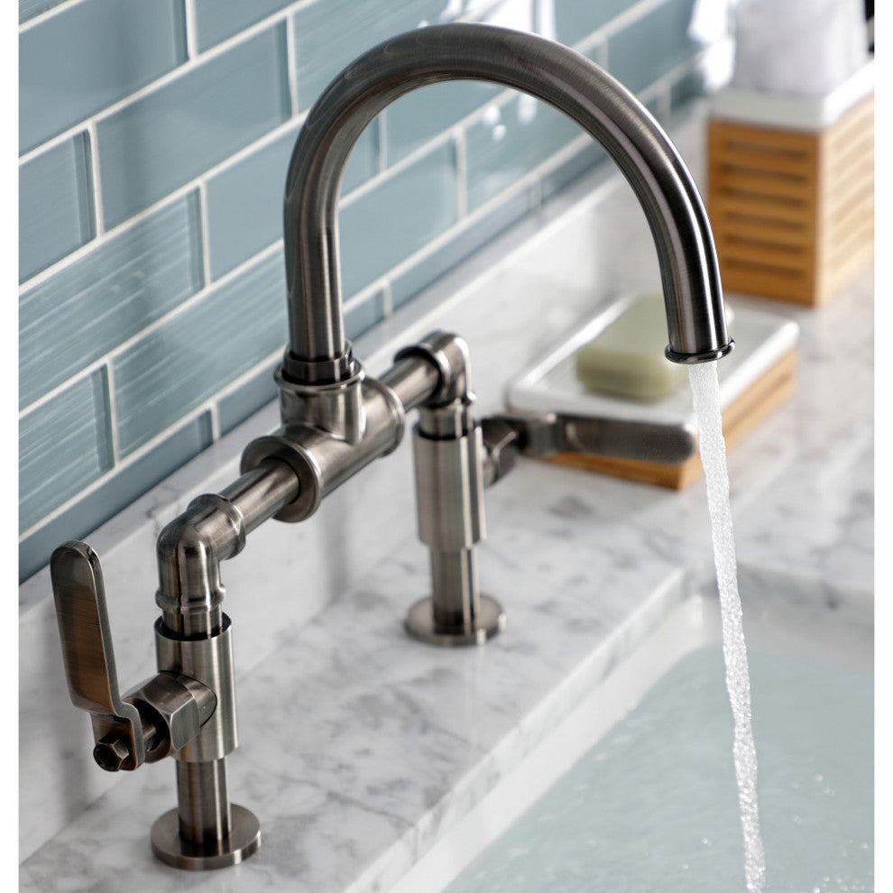 Industrial Style Bridge Bathroom Faucet With Pop-Up Drain, Black Stainless