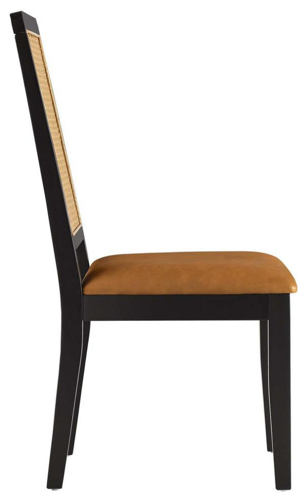 Vegan Leather Upholstered Faux Rattan and Wood Dining Side Chairs - Set of 2