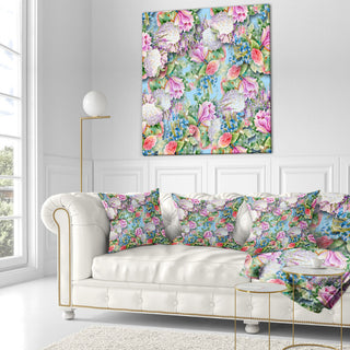 Pink Flower Pattern On Blue Floral Throw Pillow, 16"x16"