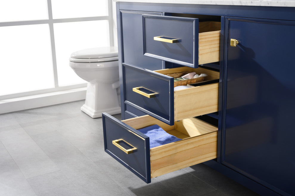 60" Double Sink Vanity Cabinet, Carrara White Top, Blue