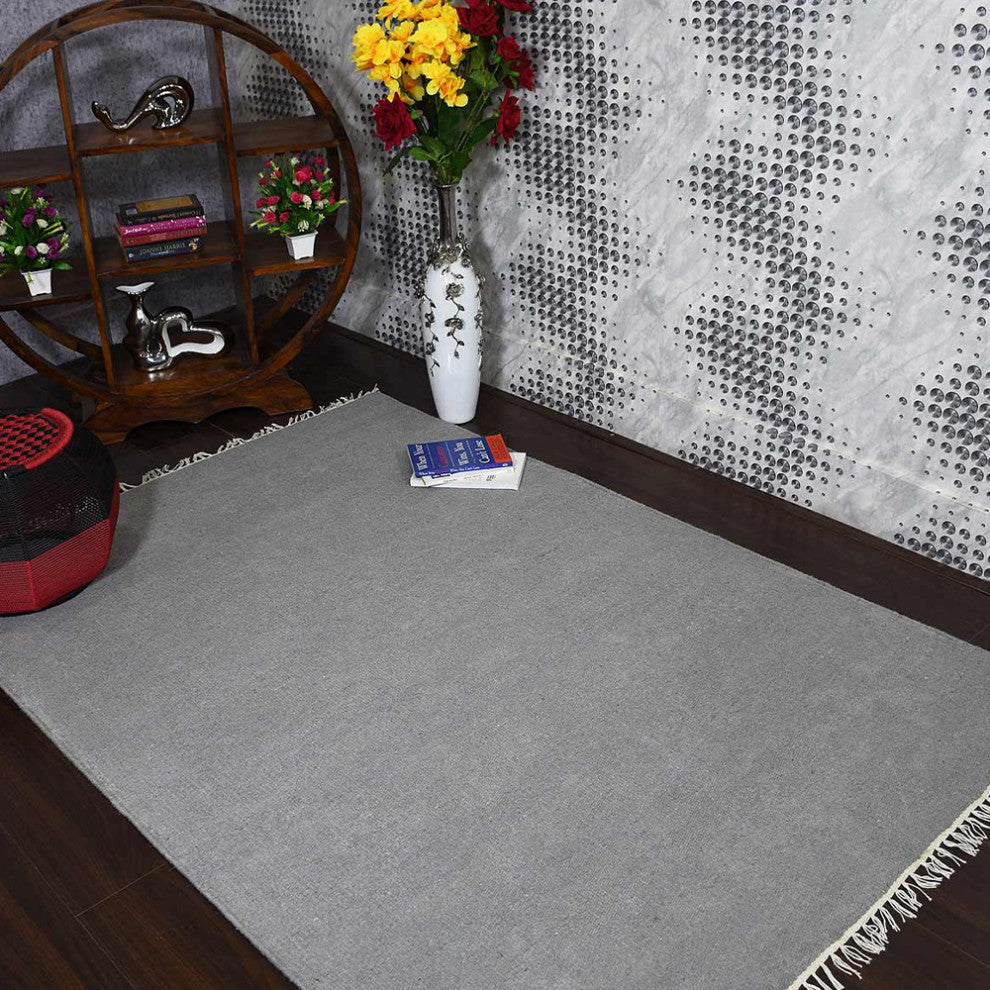 HAND WOVEN FLAT WEAVE KILIM WOOL ECO-FRIENDLY AREA RUGS-Solid,Light Silver