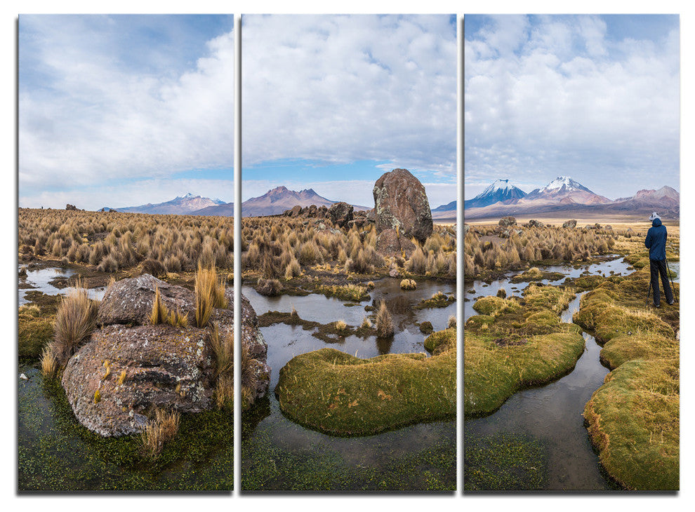 "Bolivia Volcanoes Panoramic View" Metal Wall Art, 3 Panels, 36"x28"