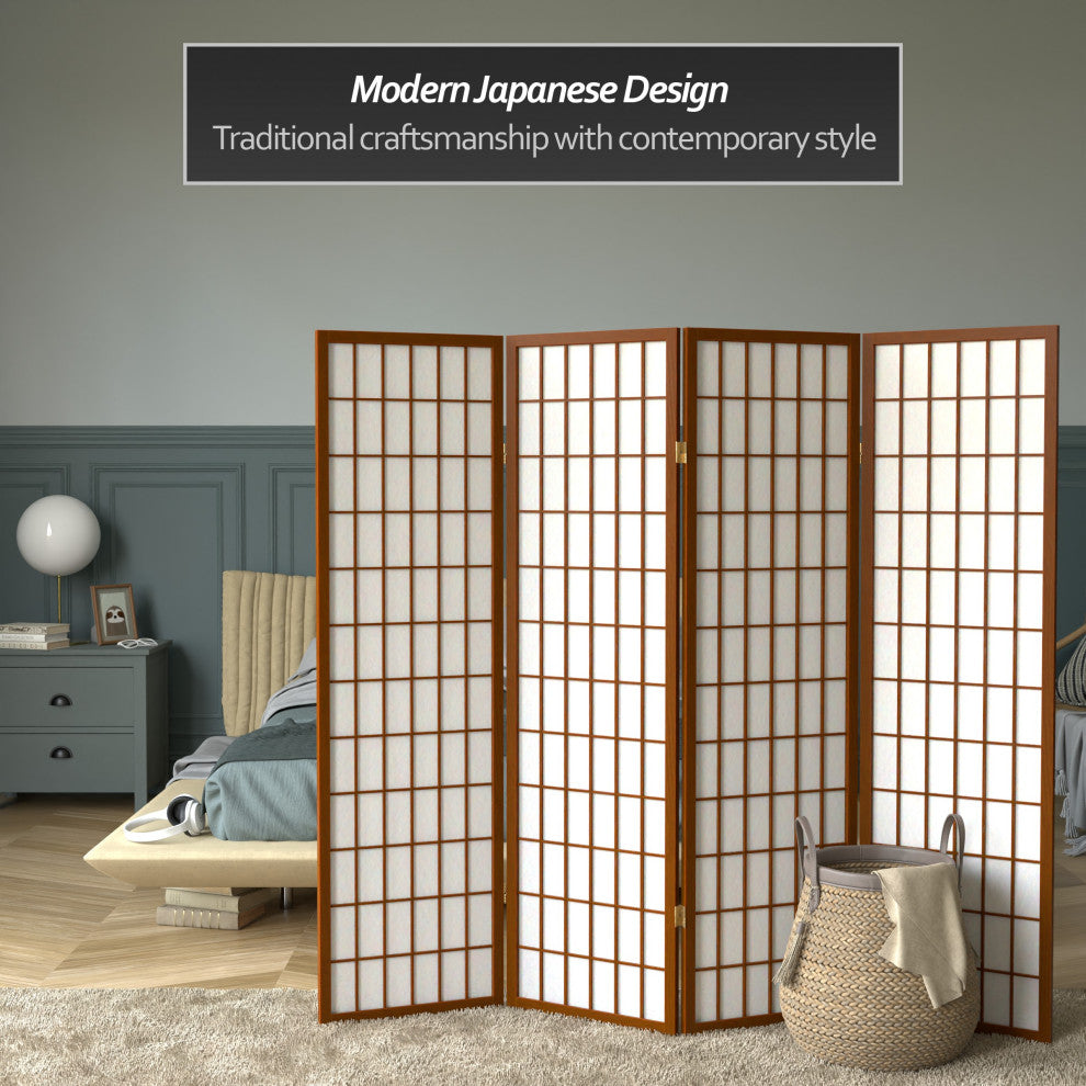 5' Tall Window Pane Shoji Screen, Walnut, 4 Panels