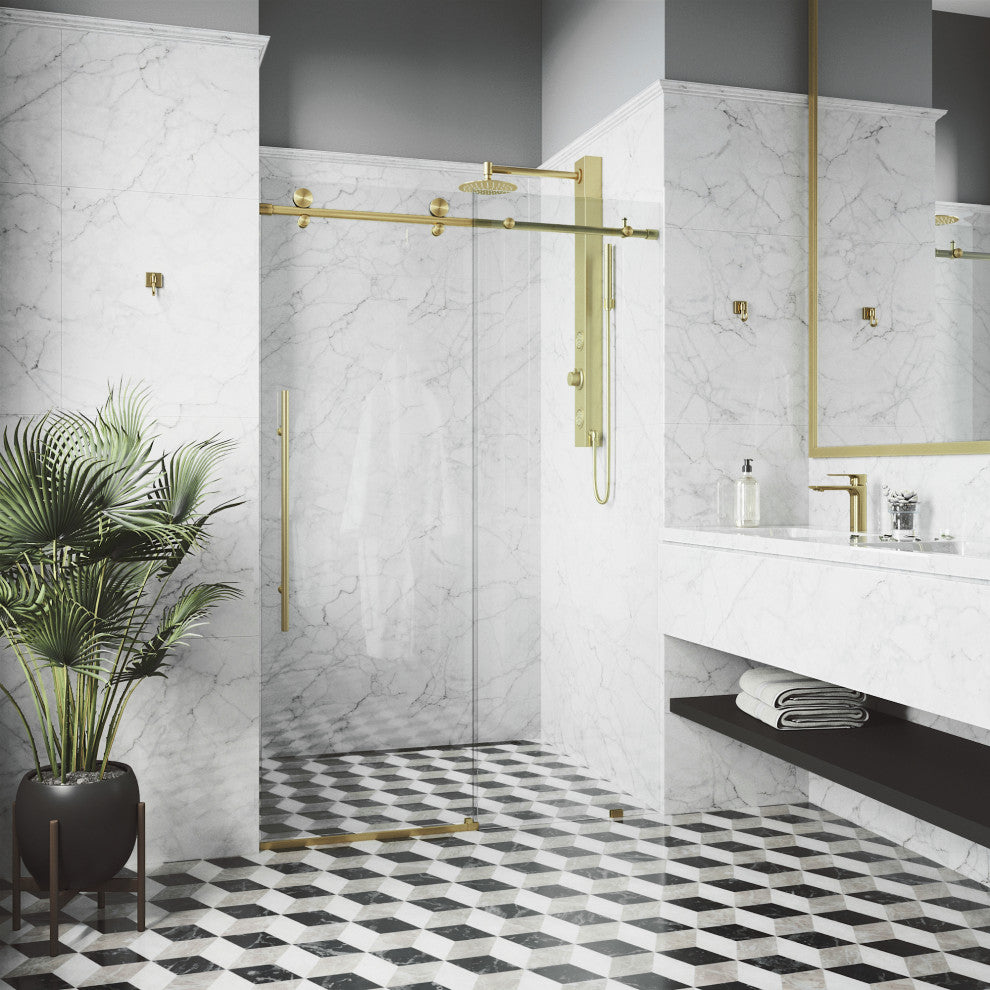 VIGO Elan E-Class 52" to 56" W x 76" H Frameless Sliding Shower Door, Matte Gold, Clear Glass