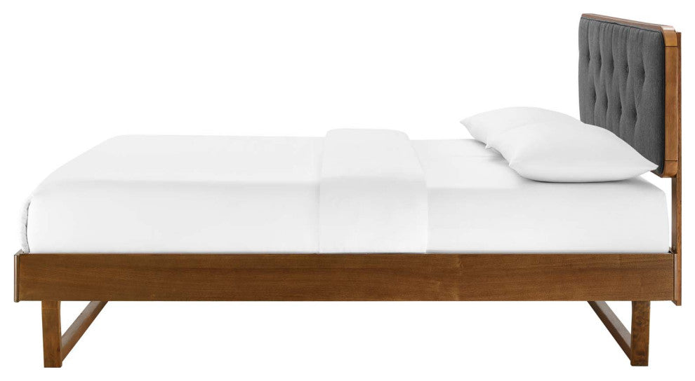 Platform Bed Frame, Queen Size, Fabric, Wood, Brown Walnut Gray, Modern