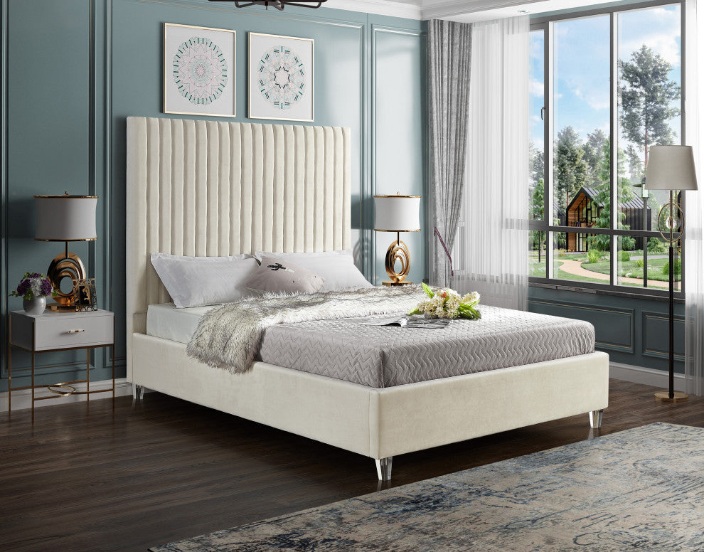 Candace Velvet Upholstered Bed, Cream, Queen
