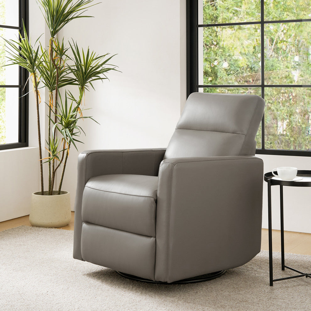 Genuine Leather Swivel Rocker Recliner With Adjustable Headrest, Gray