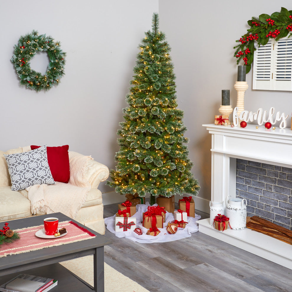 7' Wisconsin Slim Snow Tip Pine Faux Christmas Tree With 400 Clear LED Lights