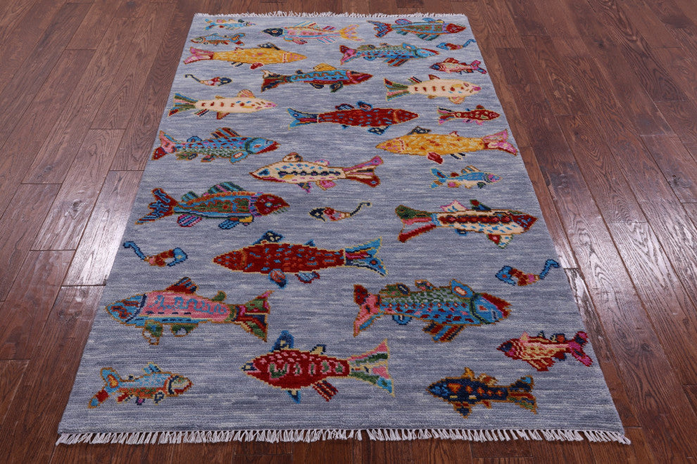 Gabbeh Fish Design Hand-Knotted Wool Rug 4' 1" X 6' 4" - Q15339