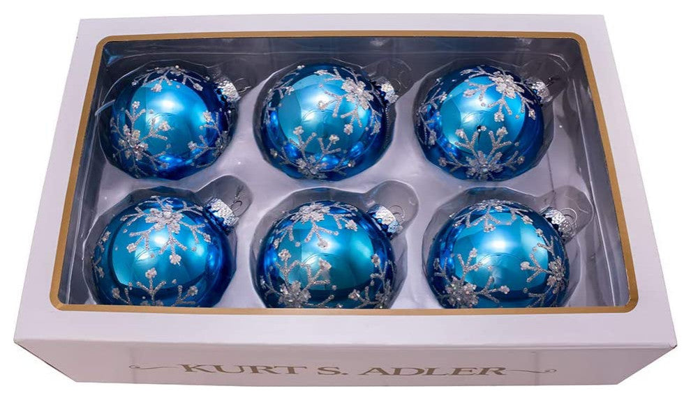 Kurt Adler 80MM Blue and Silver Glitter Snowflake Glass Ball Ornaments, 6 Pc Box