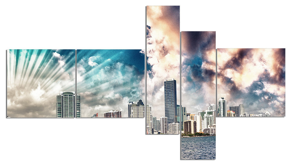 Miami Skyline with Clouds, Cityscape Photo Canvas Print, 60"x32", 5 panels